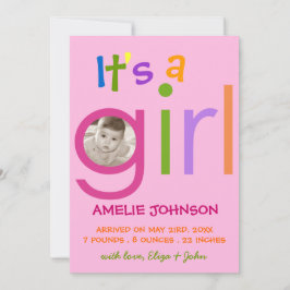 Es ist eine Girl Birth Announcement Foto-Karte Ankündigung