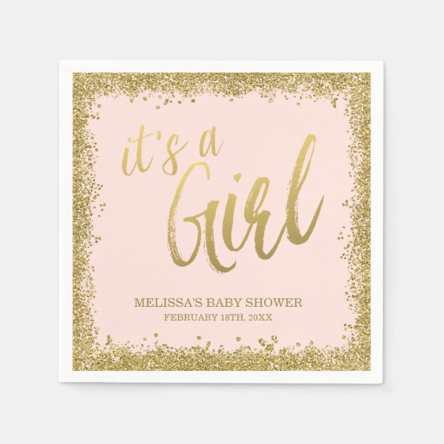 Es ist eine Girl Blush Pink Gold Glitzer Baby Dusc Serviette (Vorderseite)