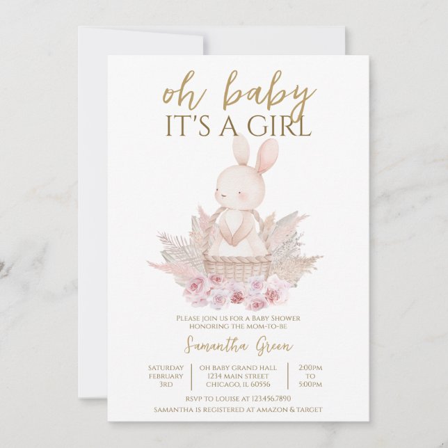 Es ist eine Girl Boho Bunny Baby Dusche Einladung (Vorderseite)