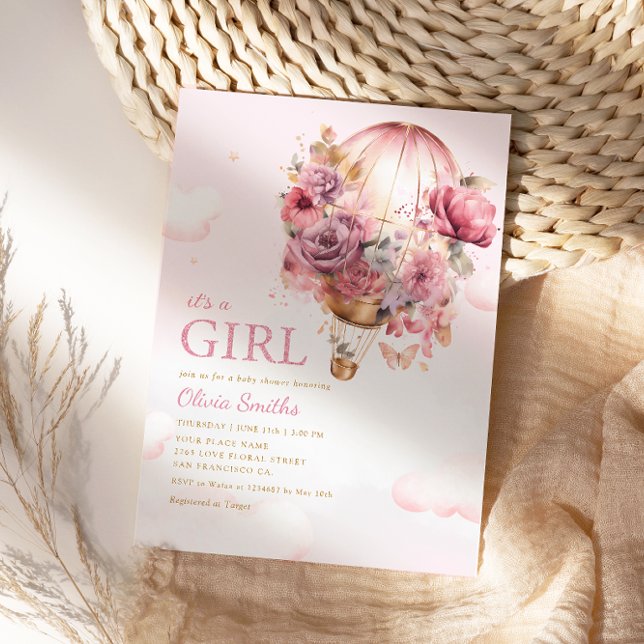 Es ist eine Girl Boho Pink Floral Balloon Baby Dus Einladung (Von Creator hochgeladen)