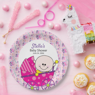 Es ist eine Girl Cut Pink Baby Carriage Pappteller