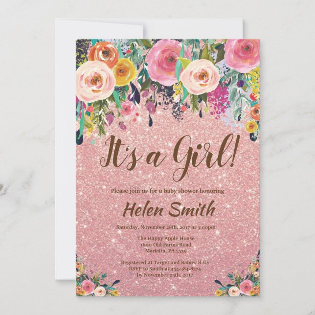 Es ist eine Girl Floral Rose Gold Glitzer Baby Dus Einladung (Vorderseite)