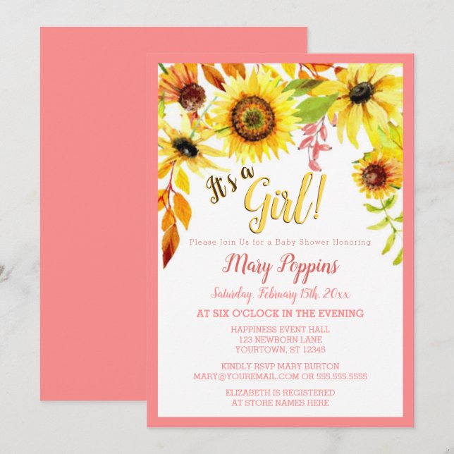 Es ist eine Girl Floral Sunflower Garden Baby Dusc Einladung (Vorne/Hinten)