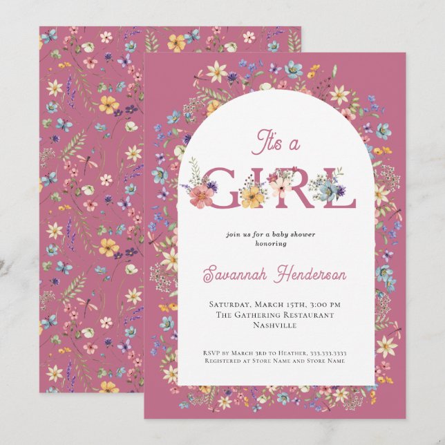 Es ist eine Girl Floral Wildblume Pink Baby Dusche Einladung (Vorne/Hinten)
