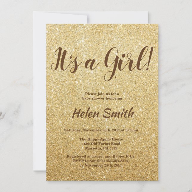 Es ist eine Girl-Gold-Glitzer-Kinderdusche Einladung (Vorderseite)