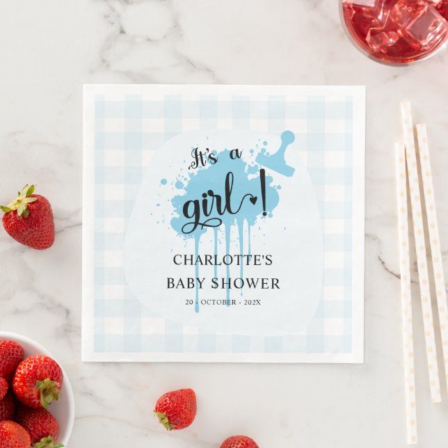 Es ist eine Girl Niedlich Pastel Blue Gingham Baby Serviette (Beispiel)