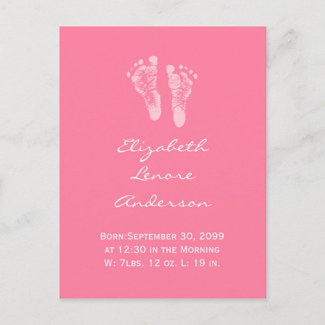 Es ist eine Girl Pink Baby Footprints Ankündigung  (Vorderseite)