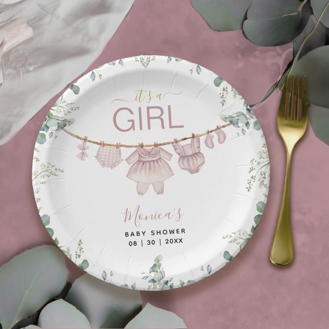 Es ist eine Girl Pink Boho Kleidung Greenery Baby  Pappteller (It’s A Girl Pink Boho Clothes Greenery Baby Shower Paper Plates)