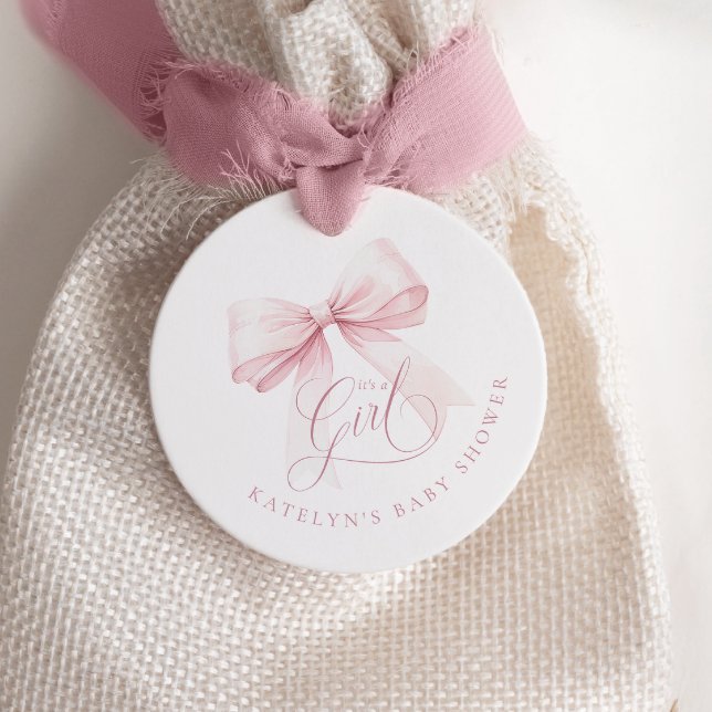 Es ist eine Girl Pink Bow Baby Dusche Geschenkanhänger (Von Creator hochgeladen)