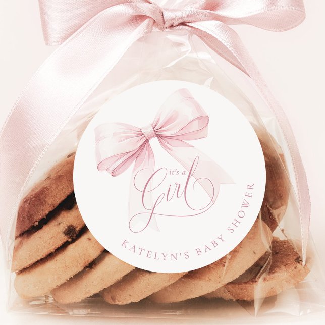 Es ist eine Girl Pink Bow Baby Dusche Runder Aufkleber (Von Creator hochgeladen)