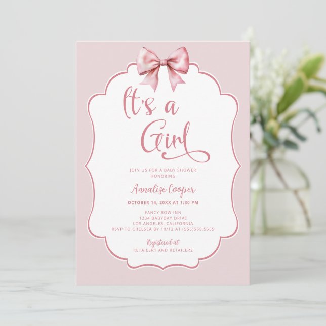 Es ist eine Girl Pink Bow Babydusche Einladung (Stehend Vorderseite)