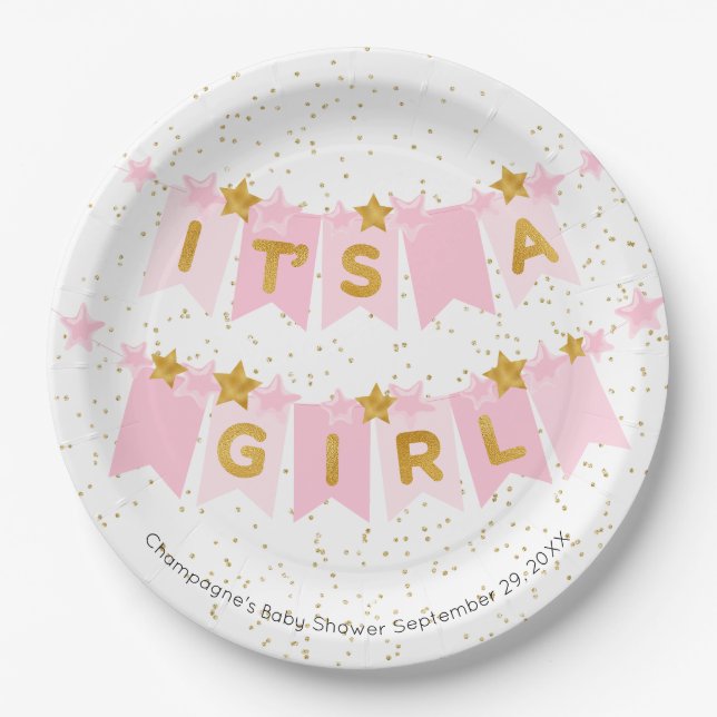 Es ist eine Girl Pink Bunting Flags Baby Dusche Pappteller (Vorderseite)