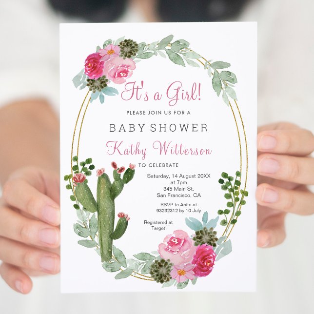 Es ist eine Girl Pink Cactus Floral Babydusche Einladung (Von Creator hochgeladen)