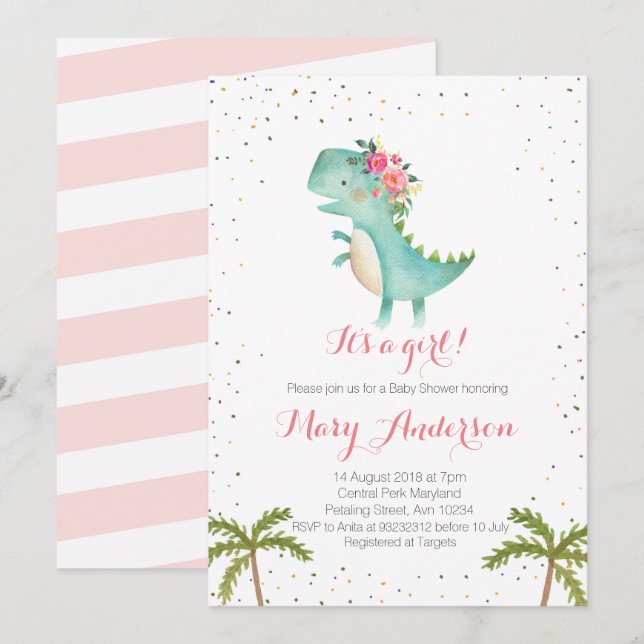 Es ist eine Girl Pink Dinosaur Babydusche Einladun Einladung (Vorne/Hinten)