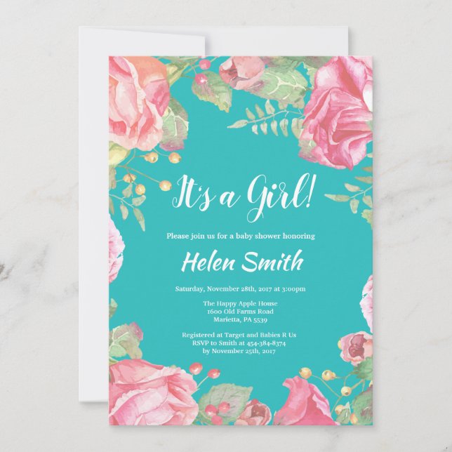Es ist eine Girl Pink Floral Baby Dusche Aquamarin Einladung (Vorderseite)