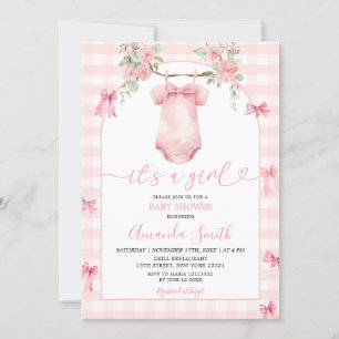 Es ist eine Girl Pink Gingham Bow Floral Baby Dusc Einladung