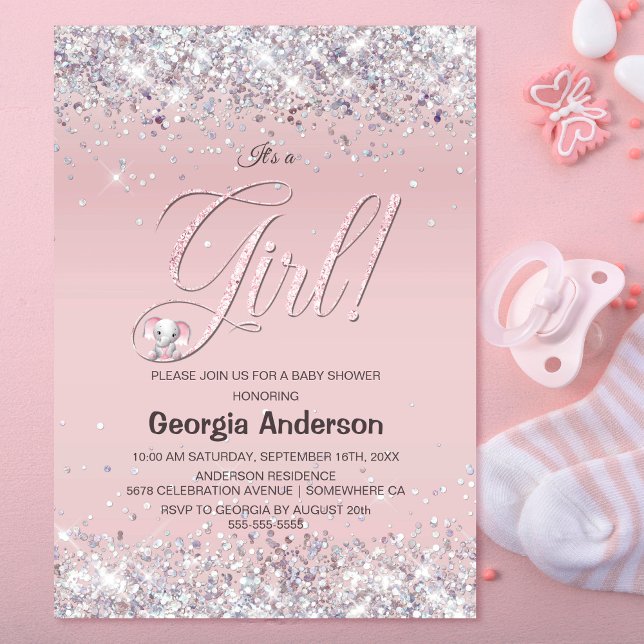 Es ist eine Girl Pink Glitzer Babydusche Einladung (Von Creator hochgeladen)