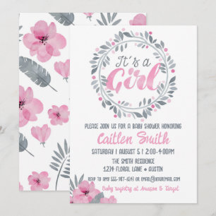 Es ist eine Girl Pink Gray Floral Baby Dusche Einladung