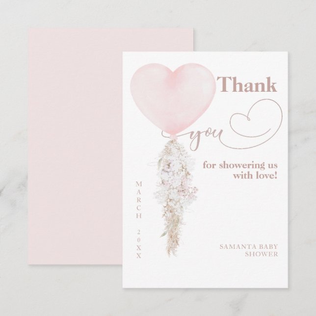 Es ist eine Girl Pink Heart Balloon Baby Dusche Dankeskarte (Vorne/Hinten)