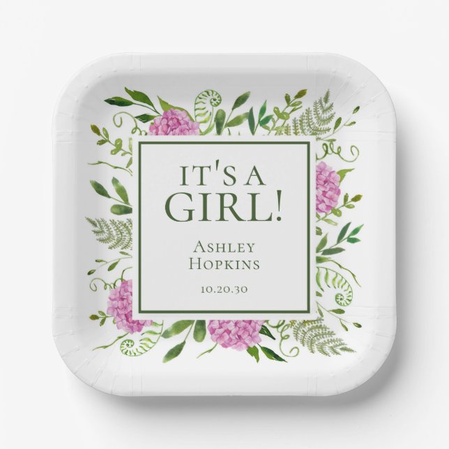 Es ist eine Girl Pink Hydrangeas Girl Baby Dusche Pappteller (Vorderseite)