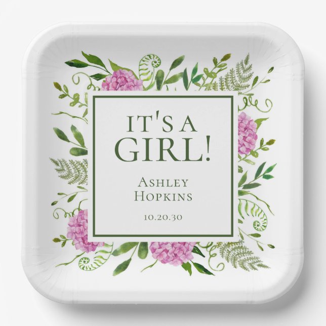 Es ist eine Girl Pink Hydrangeas Girl Baby Dusche Pappteller (Vorderseite)