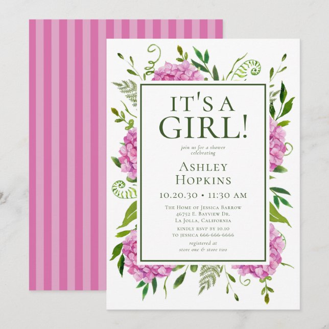 Es ist eine Girl-Pink-Hydrangeas-Kinderdusche Einladung (Vorne/Hinten)