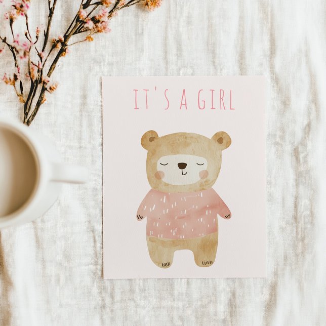 Es ist eine Girl-schläfrige niedlich Bear Pink Bab Einladung (Simple pink girl sleepy bear "It's a girl" baby shower invitation card.)