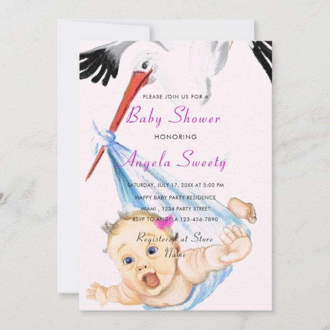 Es ist eine Girl Stork Baby Shower Einladungskarte (Vorderseite)