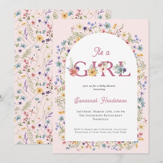 Es ist eine Girl-Wildblume-Blütenpink-Babydusche Einladung (Vorne/Hinten)