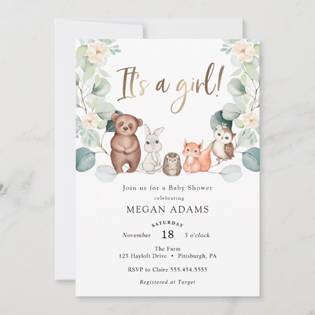 Es ist eine Girl Woodland Animal Eucalyptus Baby D Einladung (Vorderseite)