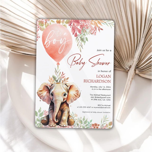 Es ist eine Herbstballon-Elefantenbabydusche Einladung (It's a boy autumn balloon elephant baby shower invitation)