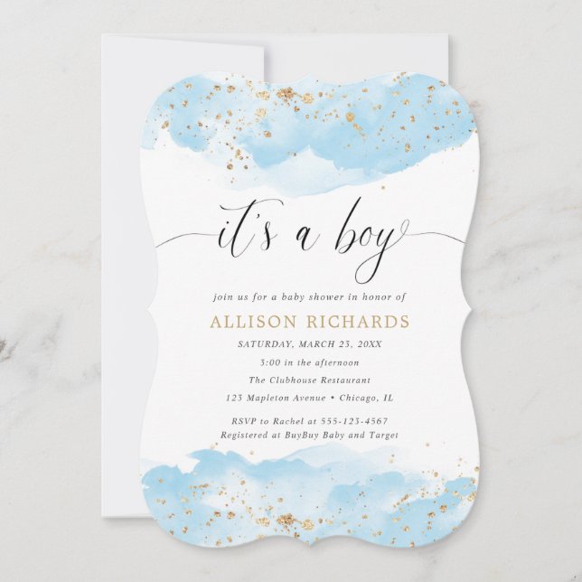 Es ist eine Junge Aquarellblau-und goldene Babydus Einladung (Vorderseite)