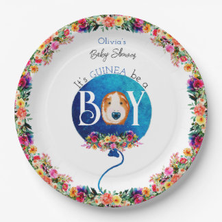 Es ist eine junge blaue Ballon Guinea Schweine Bab Pappteller