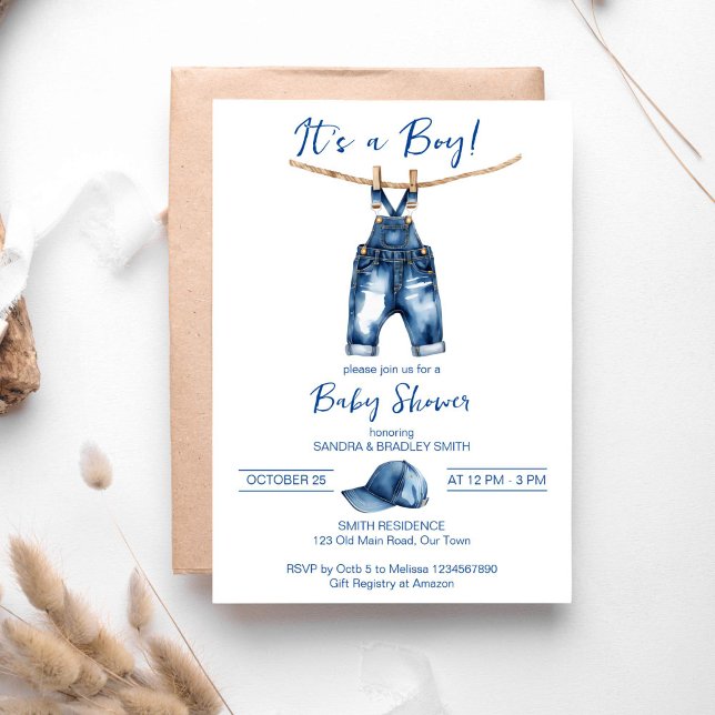 Es ist eine junge blaue Jeans Baby Duschvorlage Einladung (It's a boy blue jeans baby shower template invitation digital download cute jeans overalls and a cap)