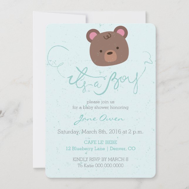 Es ist eine junge blaue Teddybär-Baby-Dusche. Einladung (Vorderseite)