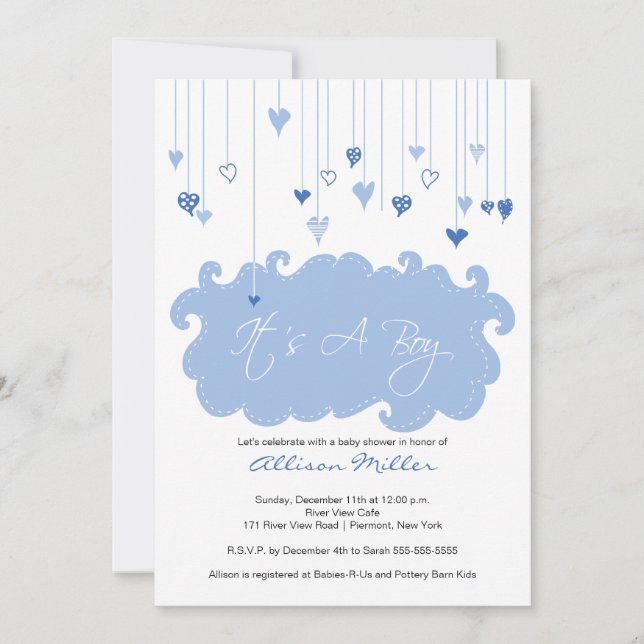 Es ist eine junge Blue Hearts Boy Baby Dusche Einladung (Vorderseite)