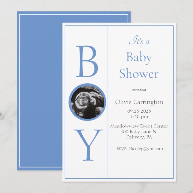 Es ist eine junge Foto Blue Baby Dusche Einladung (Vorne/Hinten)
