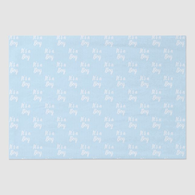 Es ist eine junge, hellblaue, weiße Babydusche. Seidenpapier (Vorderseite)