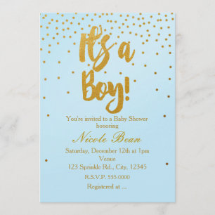 Es ist eine junge helle Blue & Gold Confetti Einla Einladung
