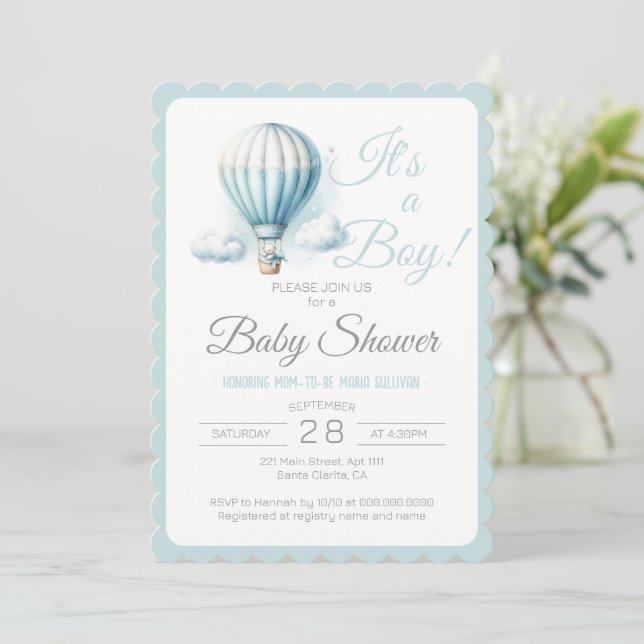 Es ist eine junge Pastel Blue Air Ballon Babydusch Einladung (Stehend Vorderseite)