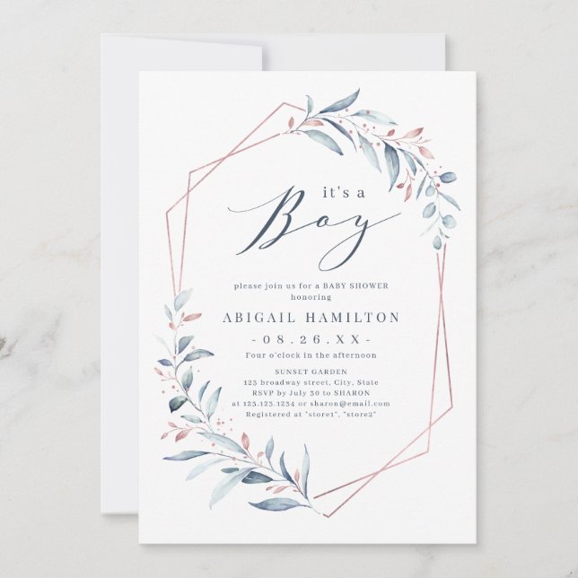 Es ist eine Junge Rose Gold Blue Greenery Baby Dus Einladung (Vorderseite)