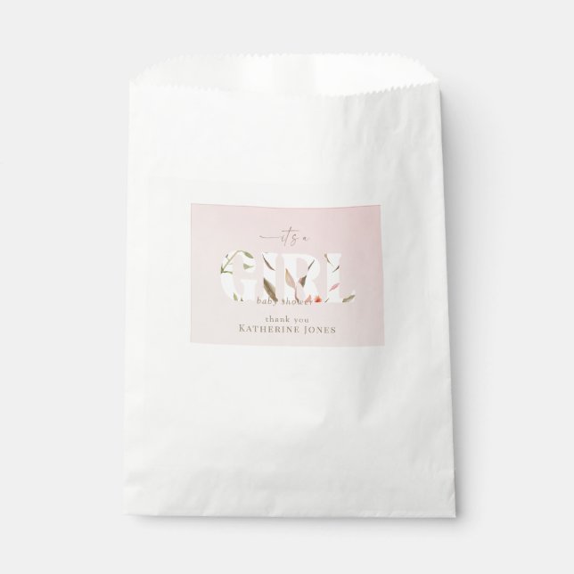 Es ist eine Mädchen-Foliage-Blush-Baby-Dusche Geschenktütchen (Vorderseite)