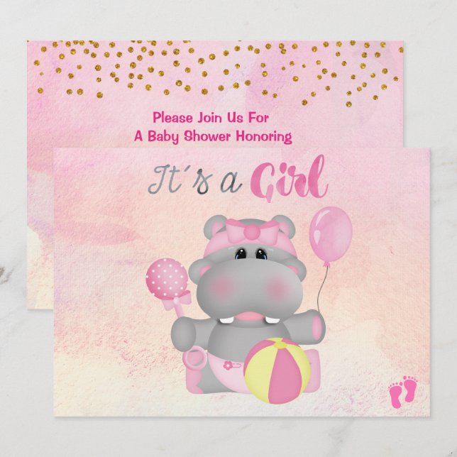 Es ist eine Mädchen-Hippo-Babydusche, die einlädt Einladung (Vorne/Hinten)