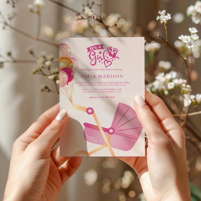 Es ist eine Mädchen-Rosa-Roller-Babydusche Einladung (Von Creator hochgeladen)