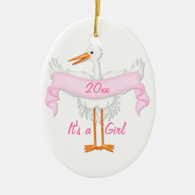 Es ist eine Mädchen-Storch-Verzierung Keramik Ornament (Vorne)