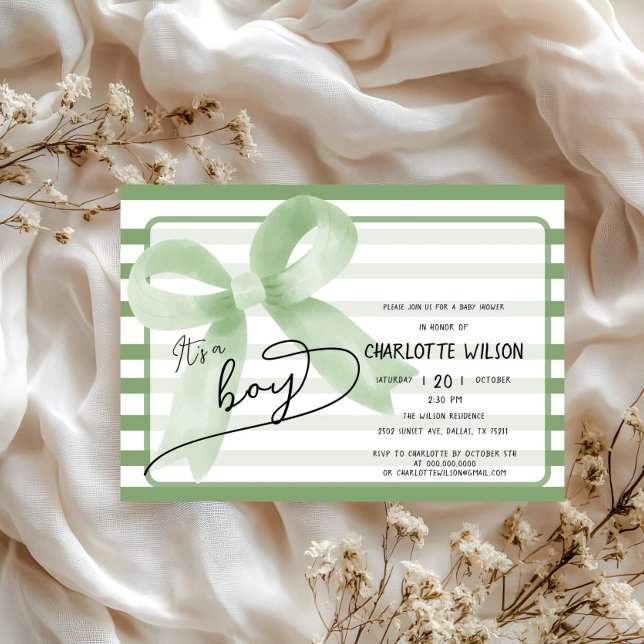 Es ist eine Niedliche Boy Green Bow Stripes Baby D Einladung (Von Creator hochgeladen)