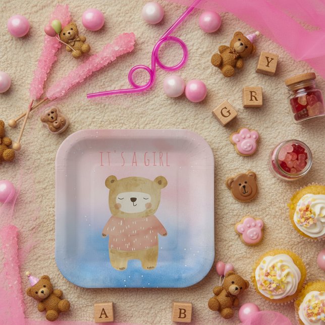 Es ist eine niedliche Girl-Pastellblende Bärenpink Pappteller (It’s a Girl pastel cute Bear Pink Baby Shower Paper Plates.)