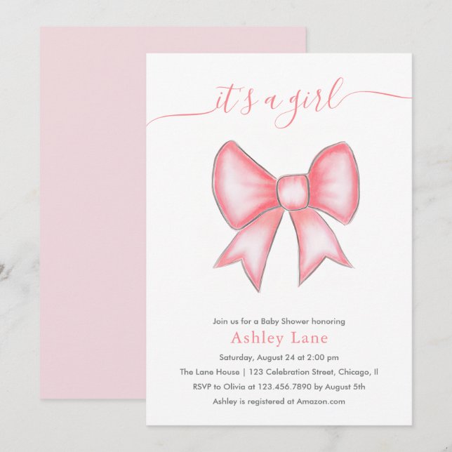 Es ist eine Niedliche Pink Bow Baby Dusche Einladung (Vorne/Hinten)
