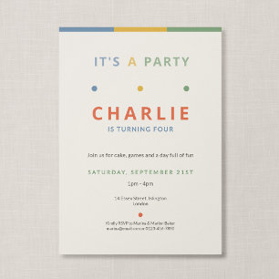 Es ist eine Party Bunte Typografische Kindergeburt Einladung