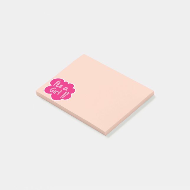 Es ist eine pinkfarbene Babydusche Post-it Klebezettel (angewinkelt)